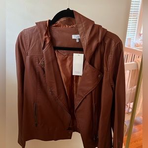 Tobi. Brown leather coat with hood. Size medium. New with tags